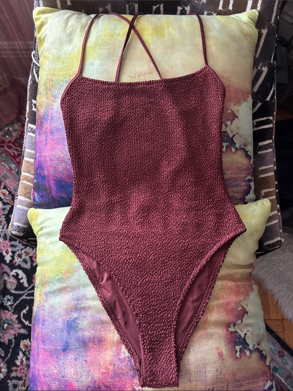 Smocked Burgundy Strappy Women's Bodysuit